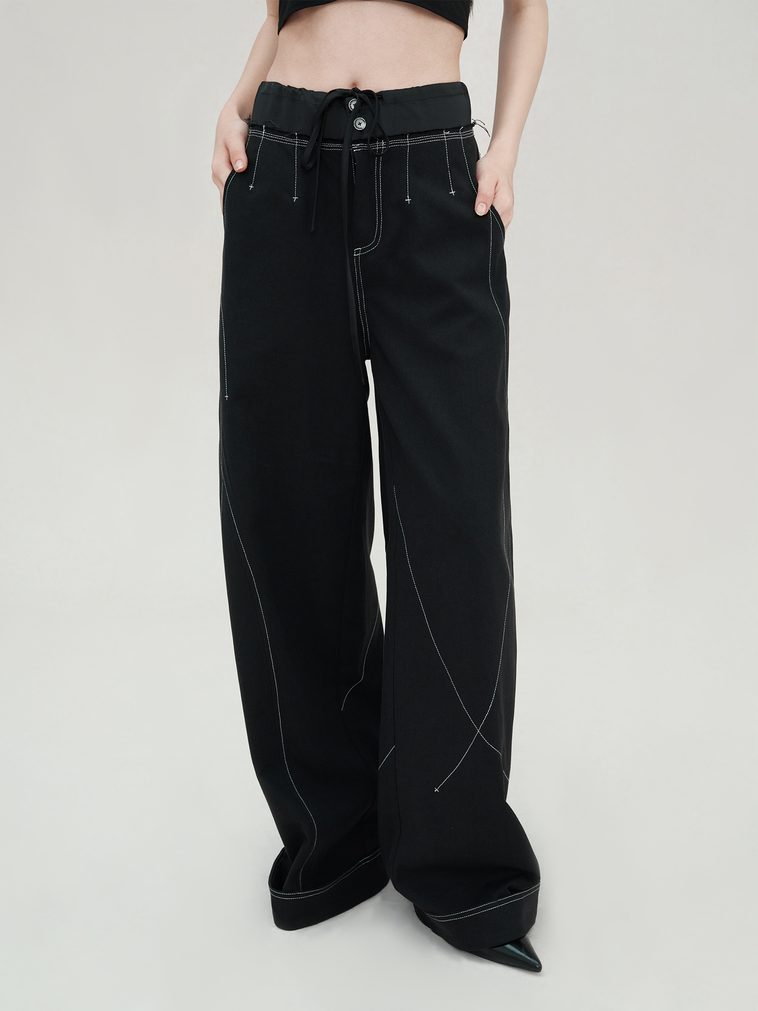 Black Contrast Stitch Wide Leg Pants