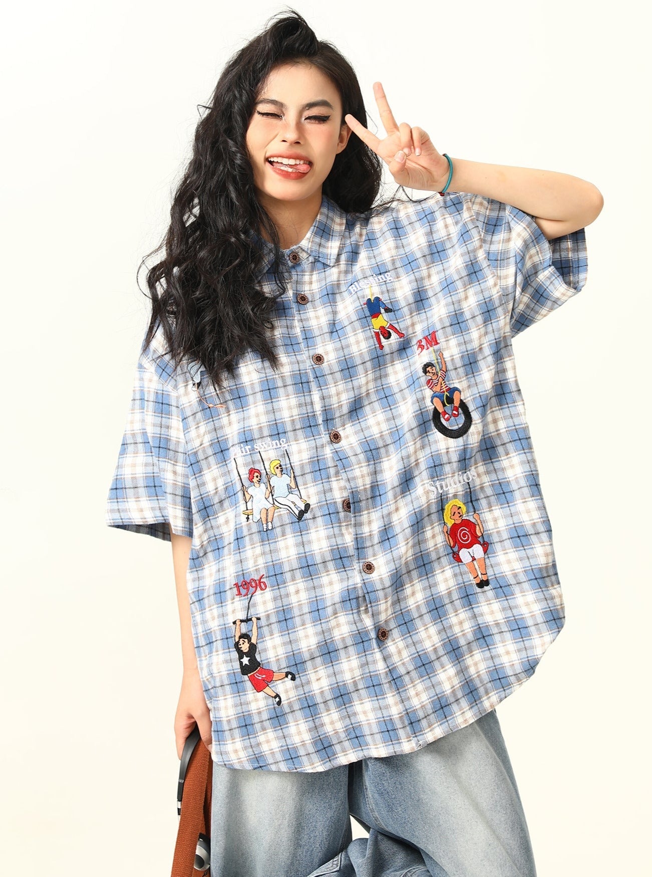 Camisa de botones a cuadros de dibujos a cuadros juguetones