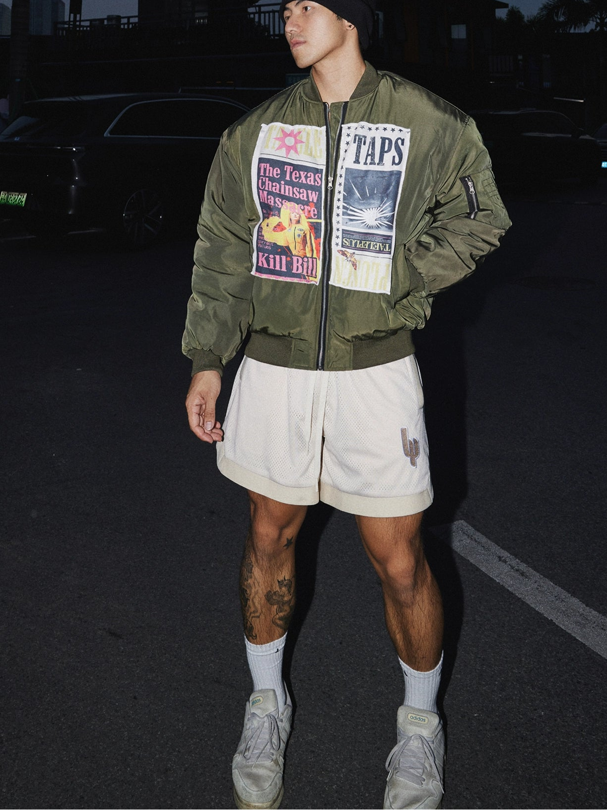 Graphic Patchwork Olive Bomber Jacket