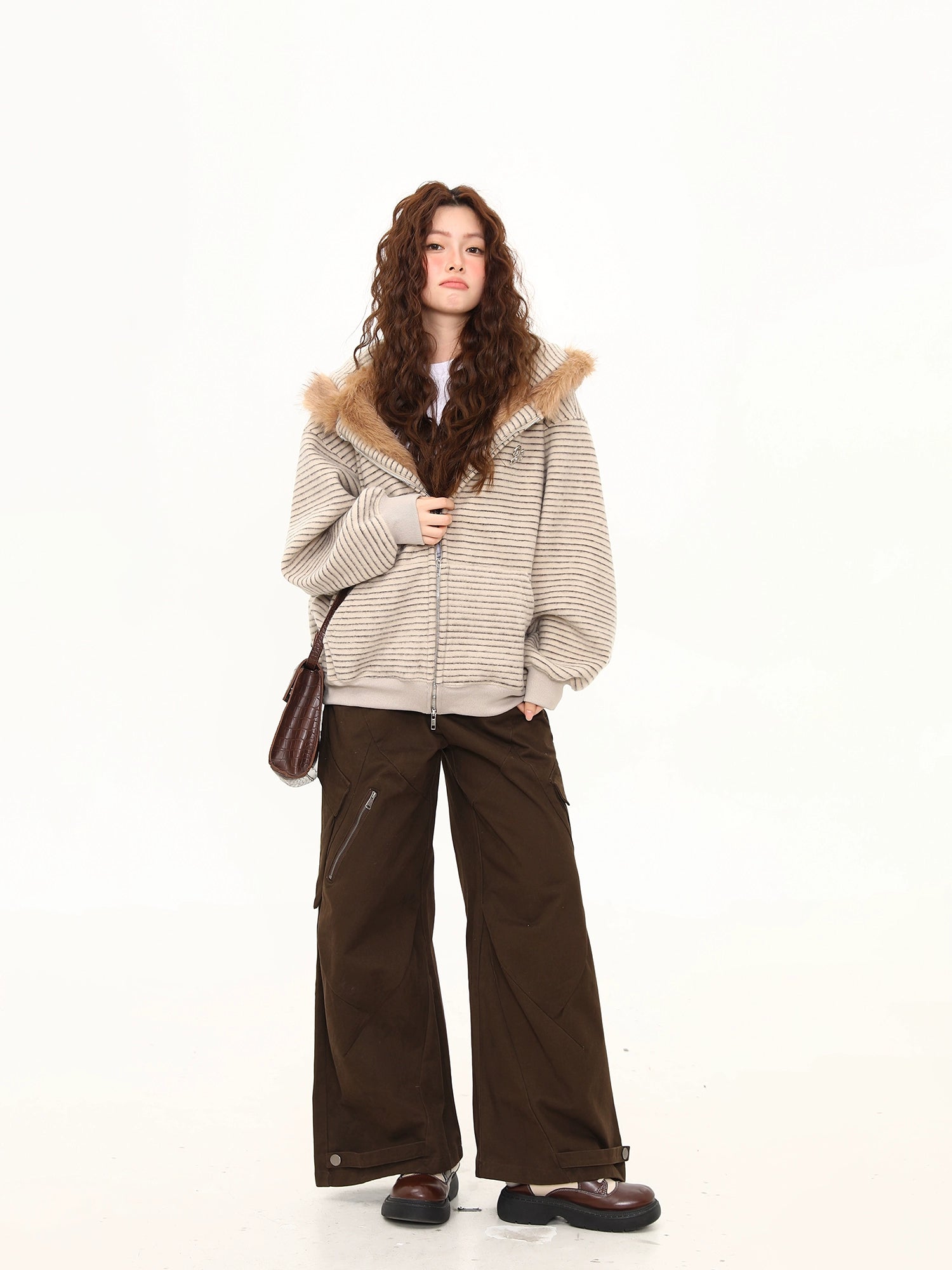 Fluffy Bunny Ear Stripe Hoodie