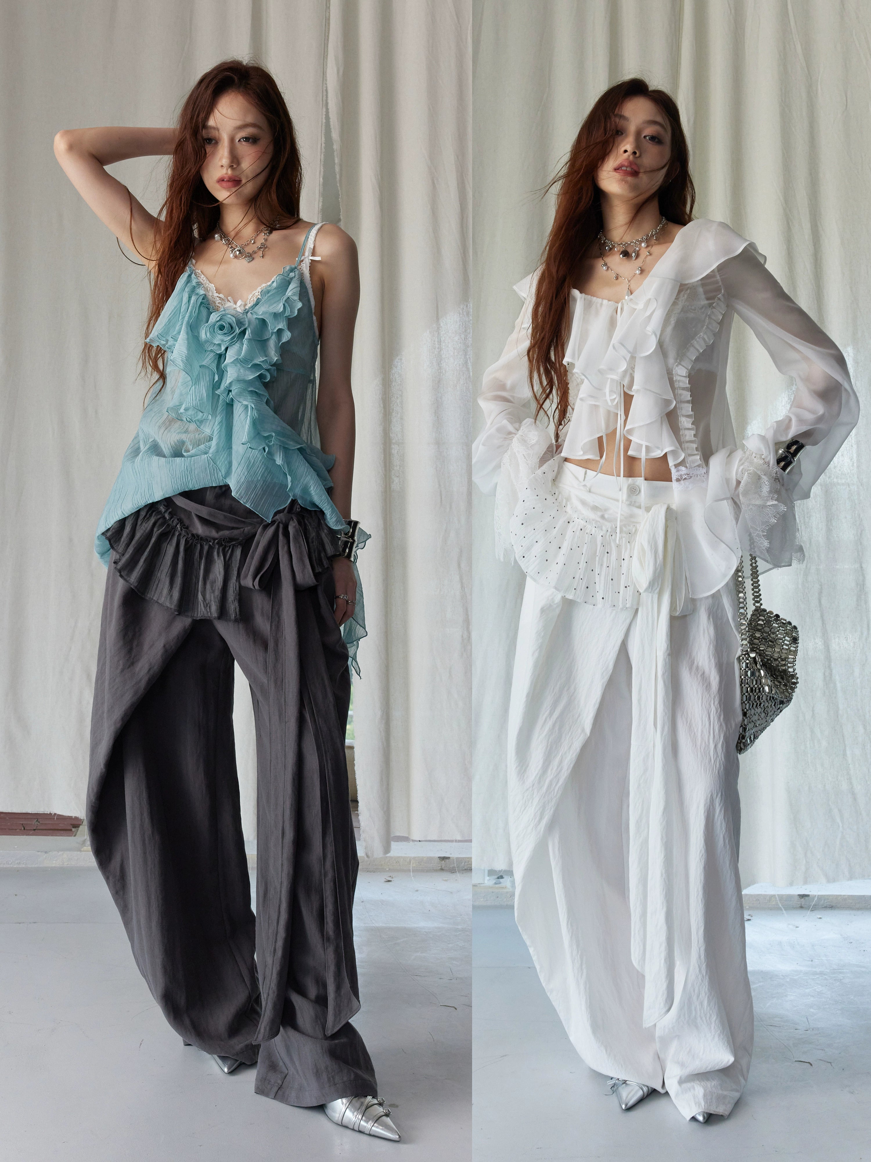 Ruffle Waist Wide-Leg Palazzo Pants