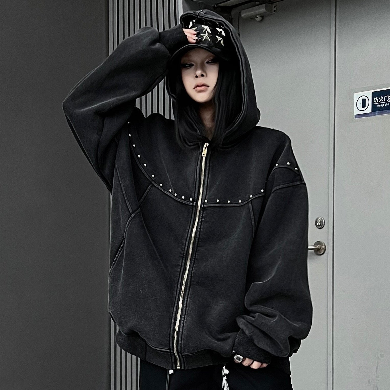 Men's Studded Oversized Zip-Up Hoodie