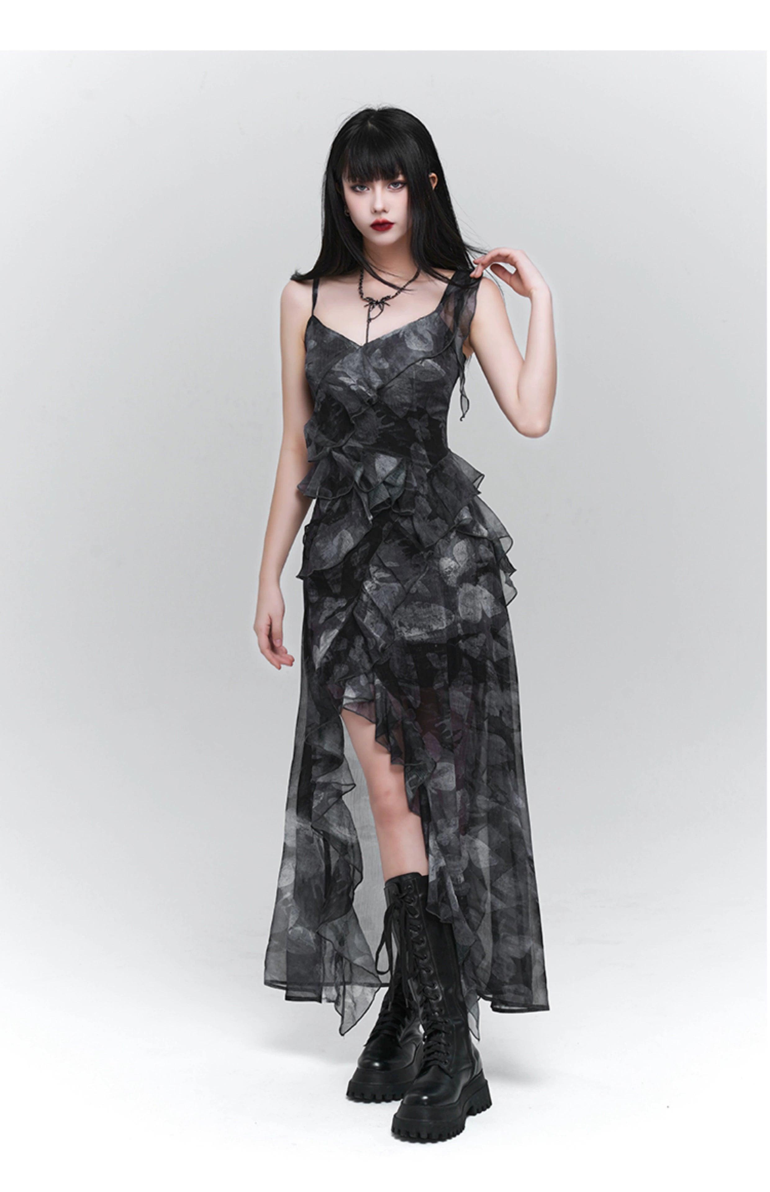 Ladyghost Dark Glamour Asymetrical Maxi Robe - Robe volante à imprimé floral pour femmes avec fente haute