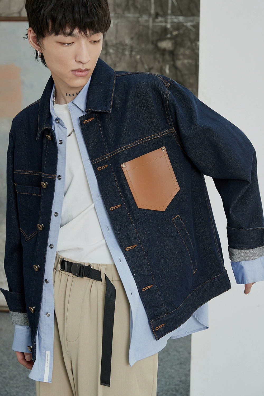 Color-Block Natural Denim Contrast Jacket