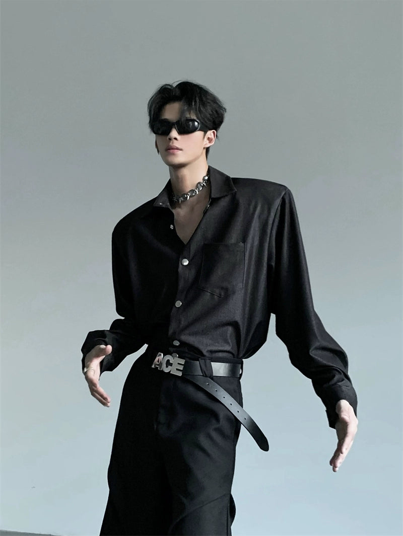 Structured Black Button-Up Shirt with Wide Shoulders