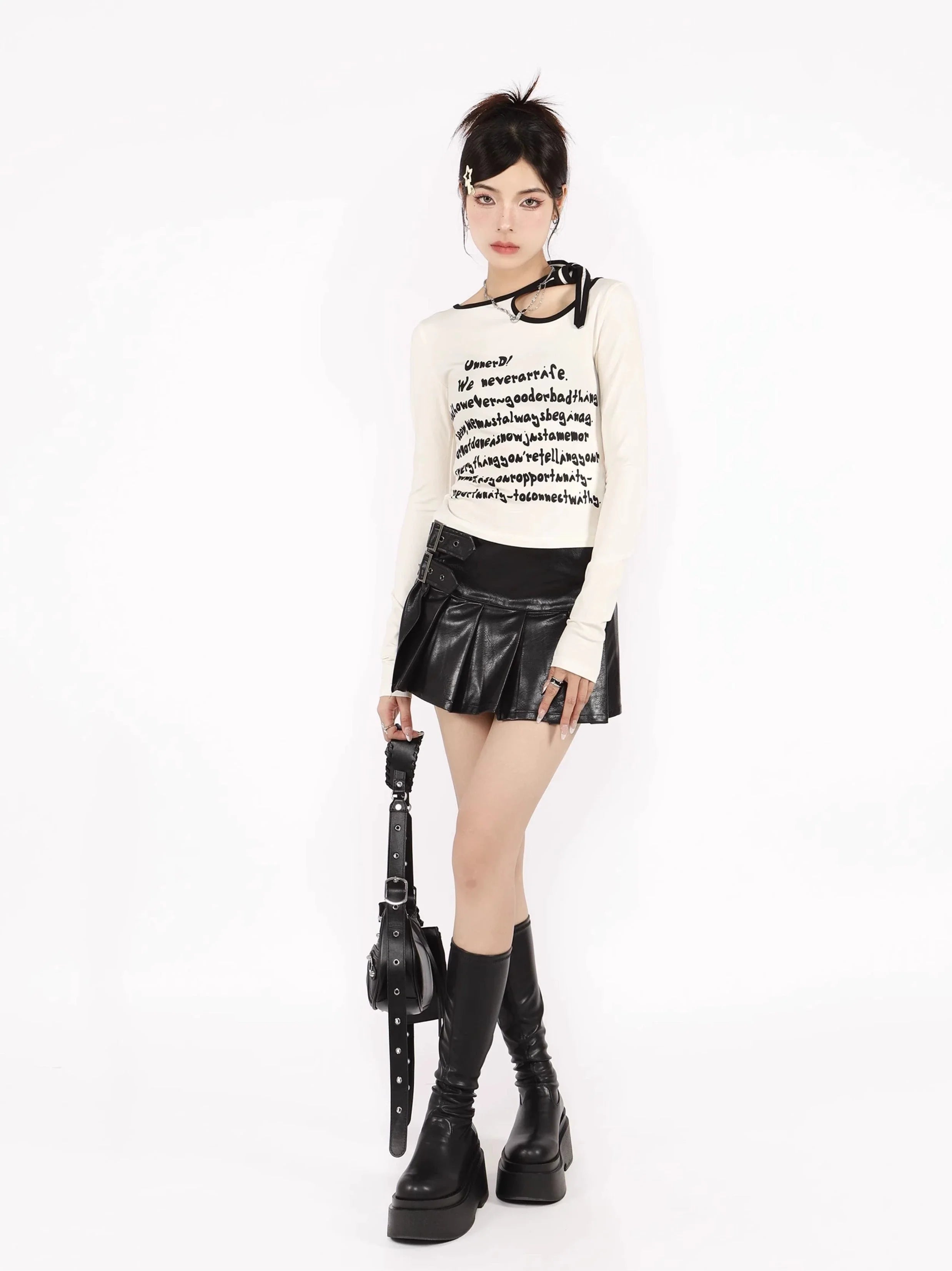 Buckled Leather Pleated Mini Skirt