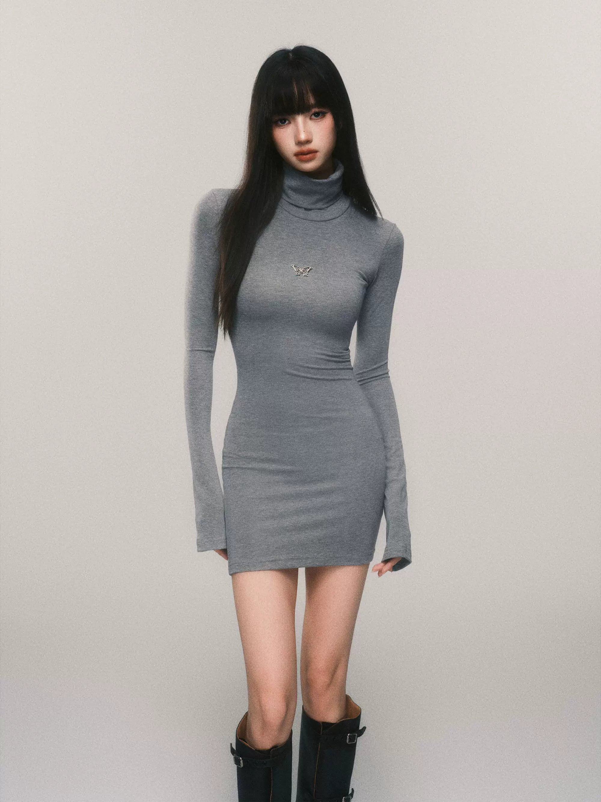 Seraphic Silhouette Butterfly Turtleneck Maxi Dress