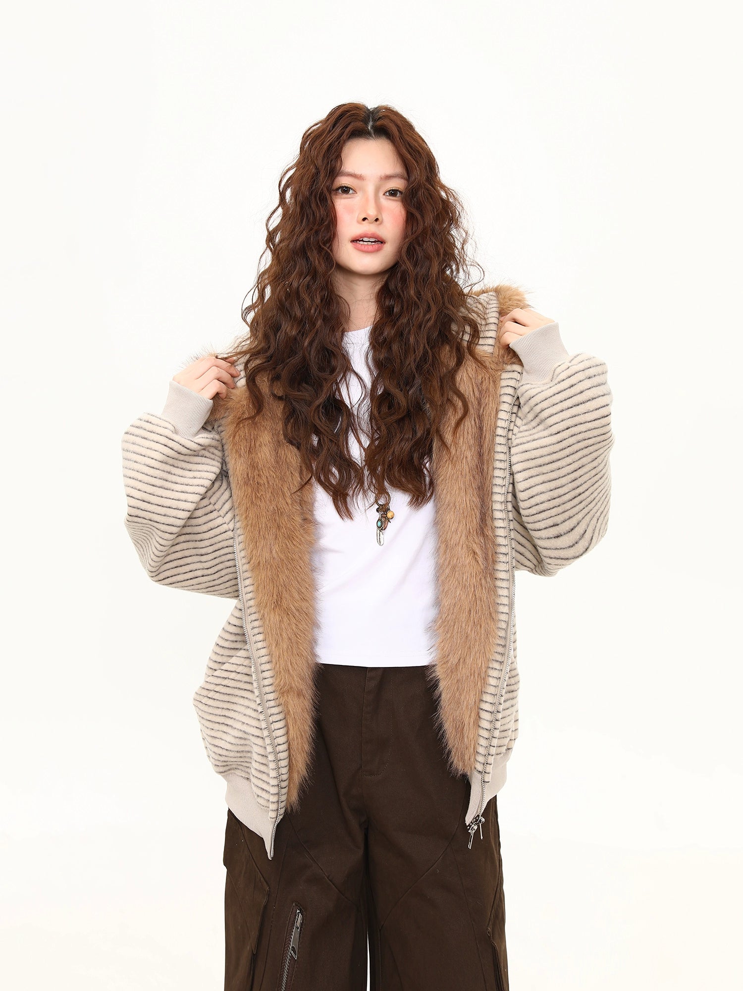 Fluffy Bunny Ear Stripe Hoodie