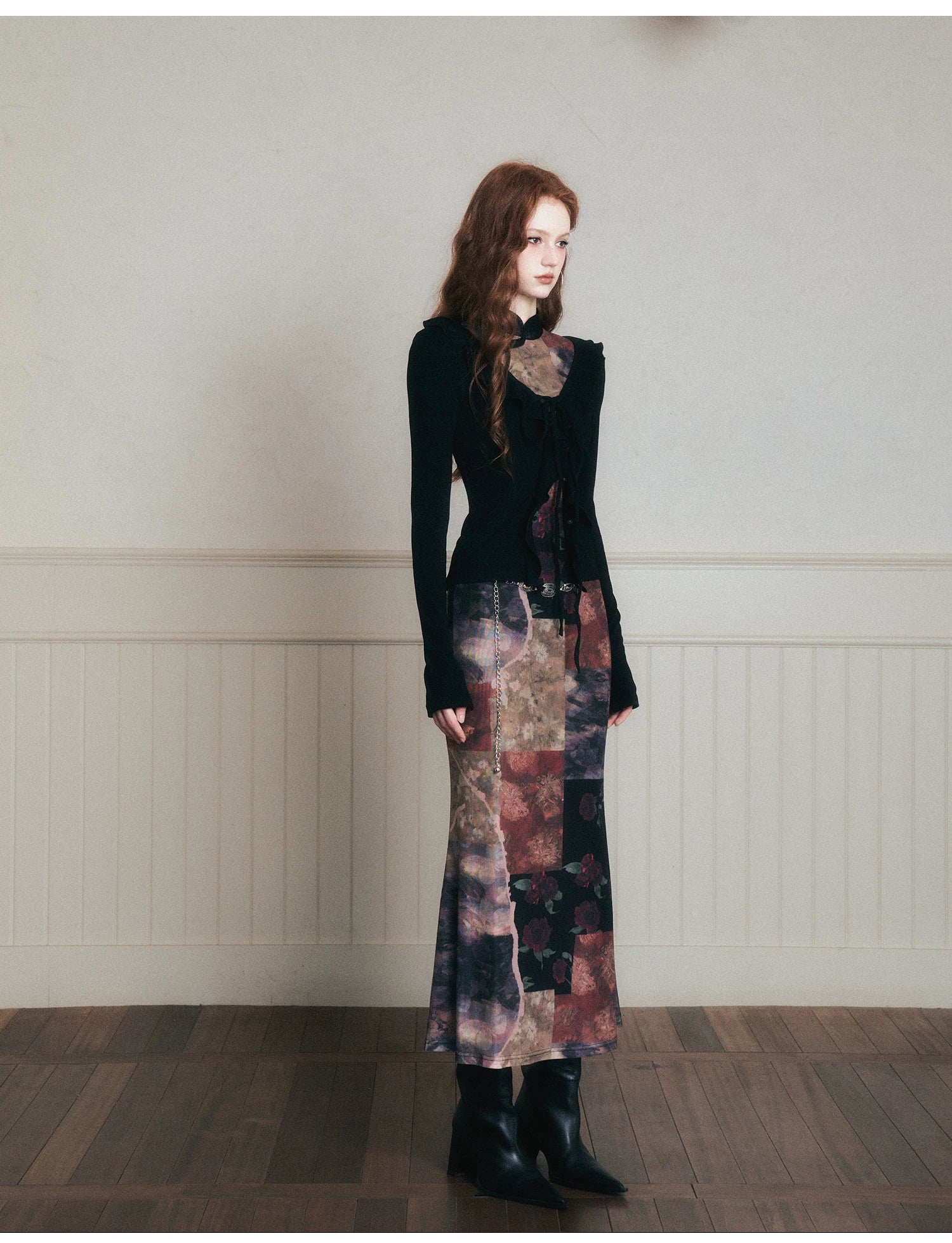 Vintage Noir Patchwork Cheongsam Maxi Dress
