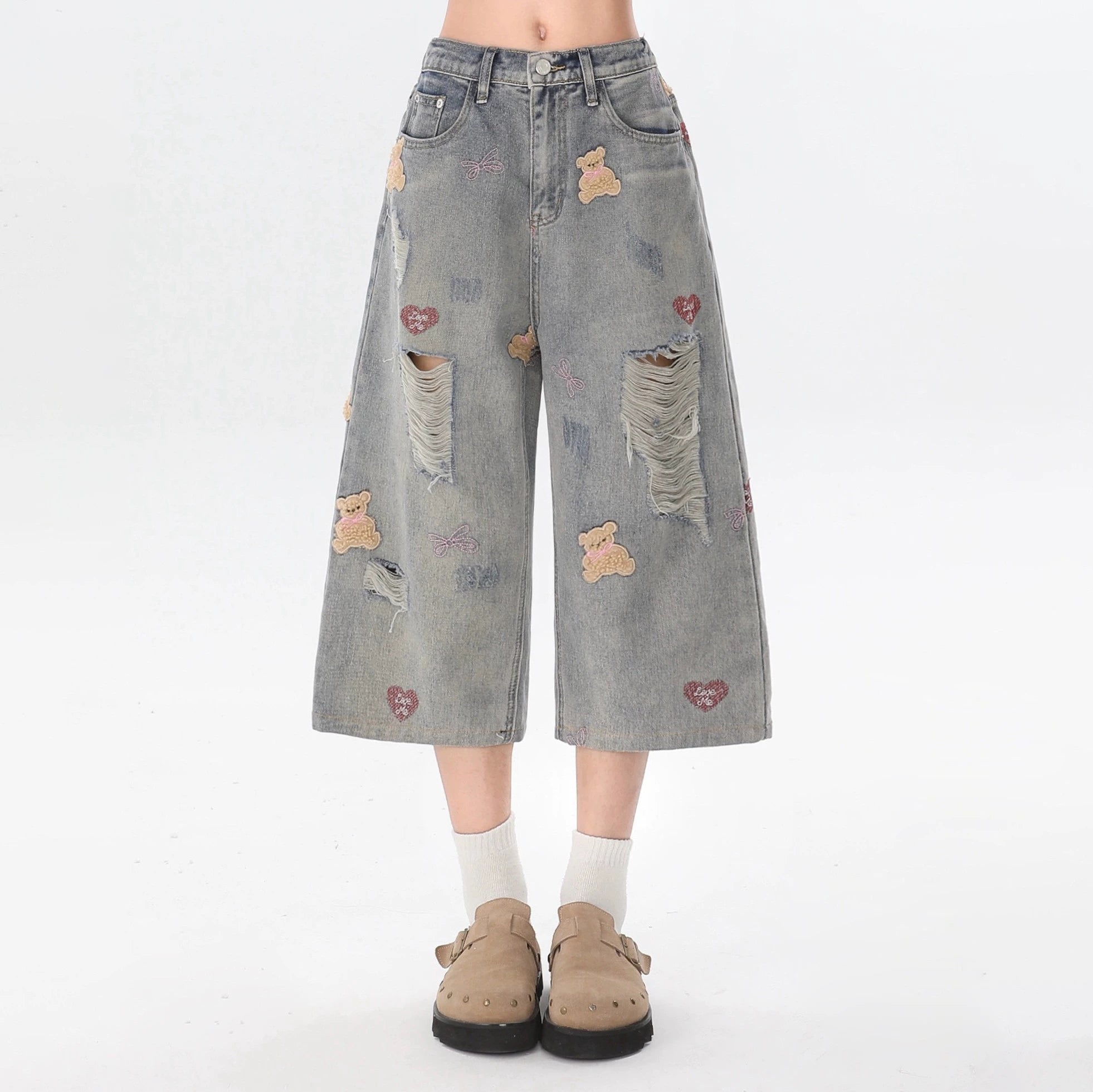 Distressed Teddy Bear Wide Leg Jeans