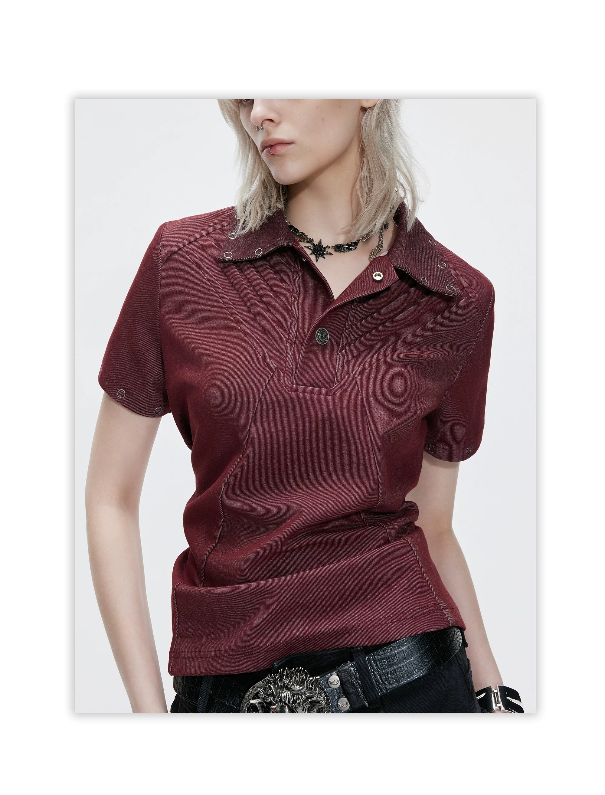 Grommet Collar Pleated Panel Polo Shirt