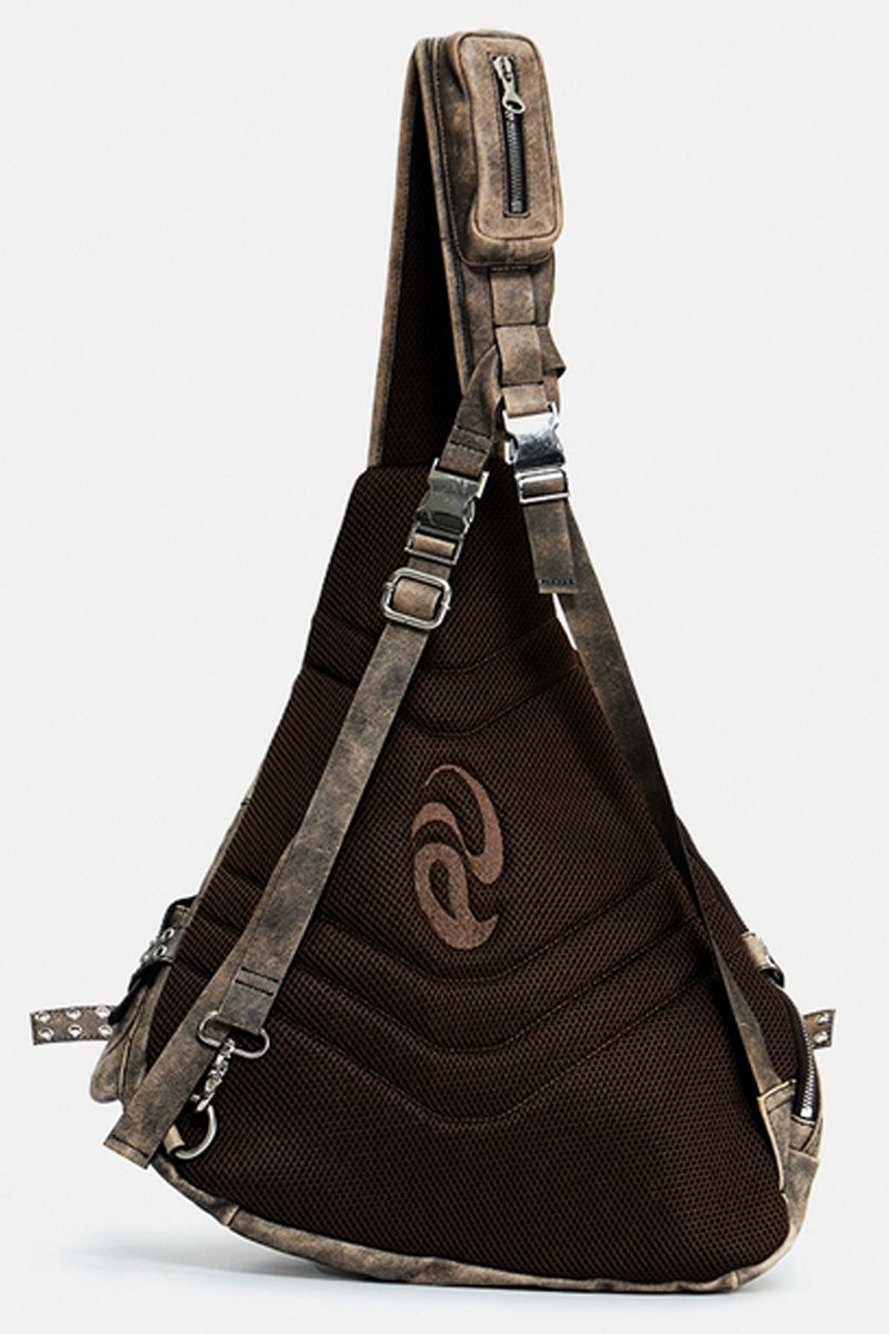 Distressed Triangle Backpack with Grommets and Zippers