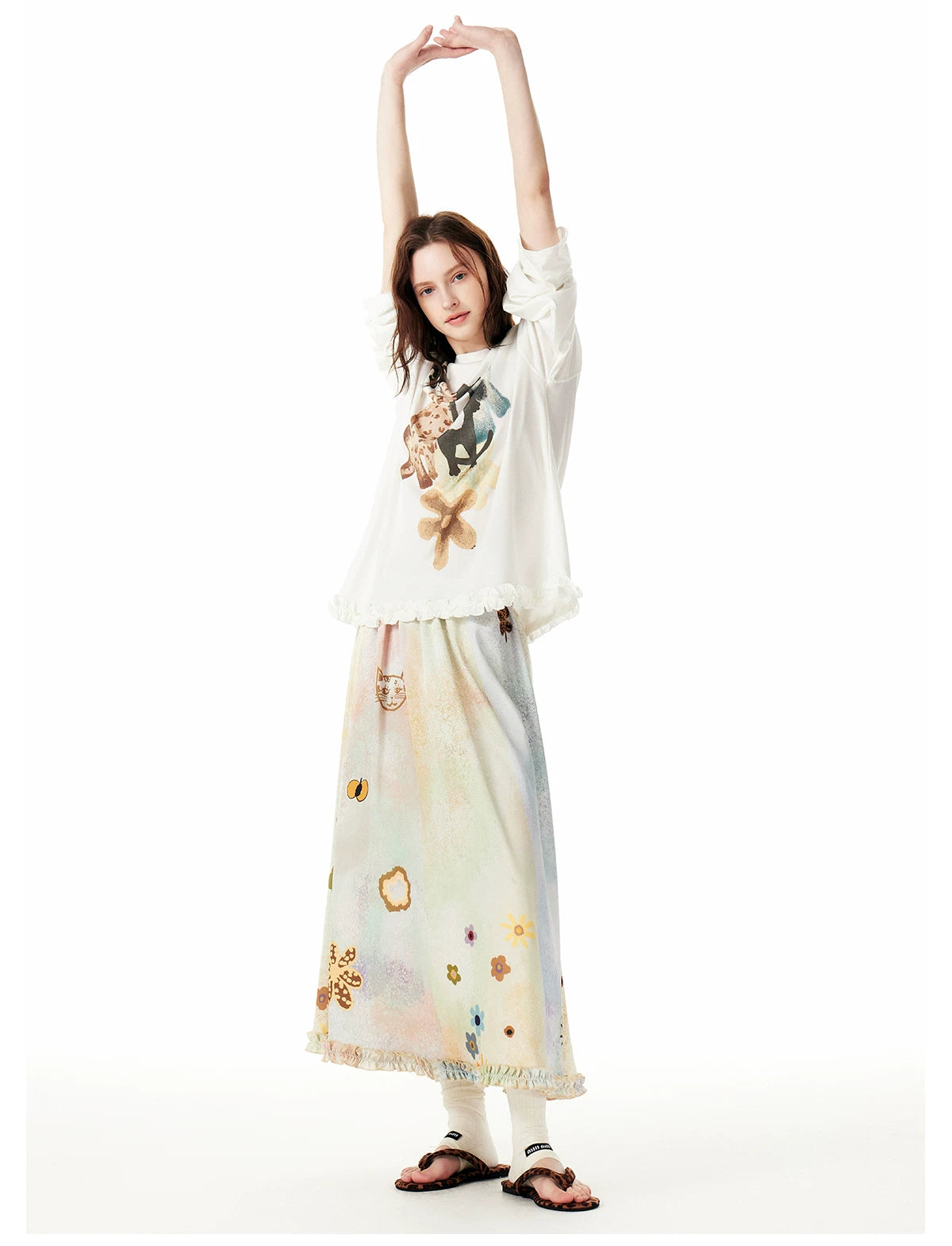 Pastel Meadow Kitty Garden Maxi Skirt