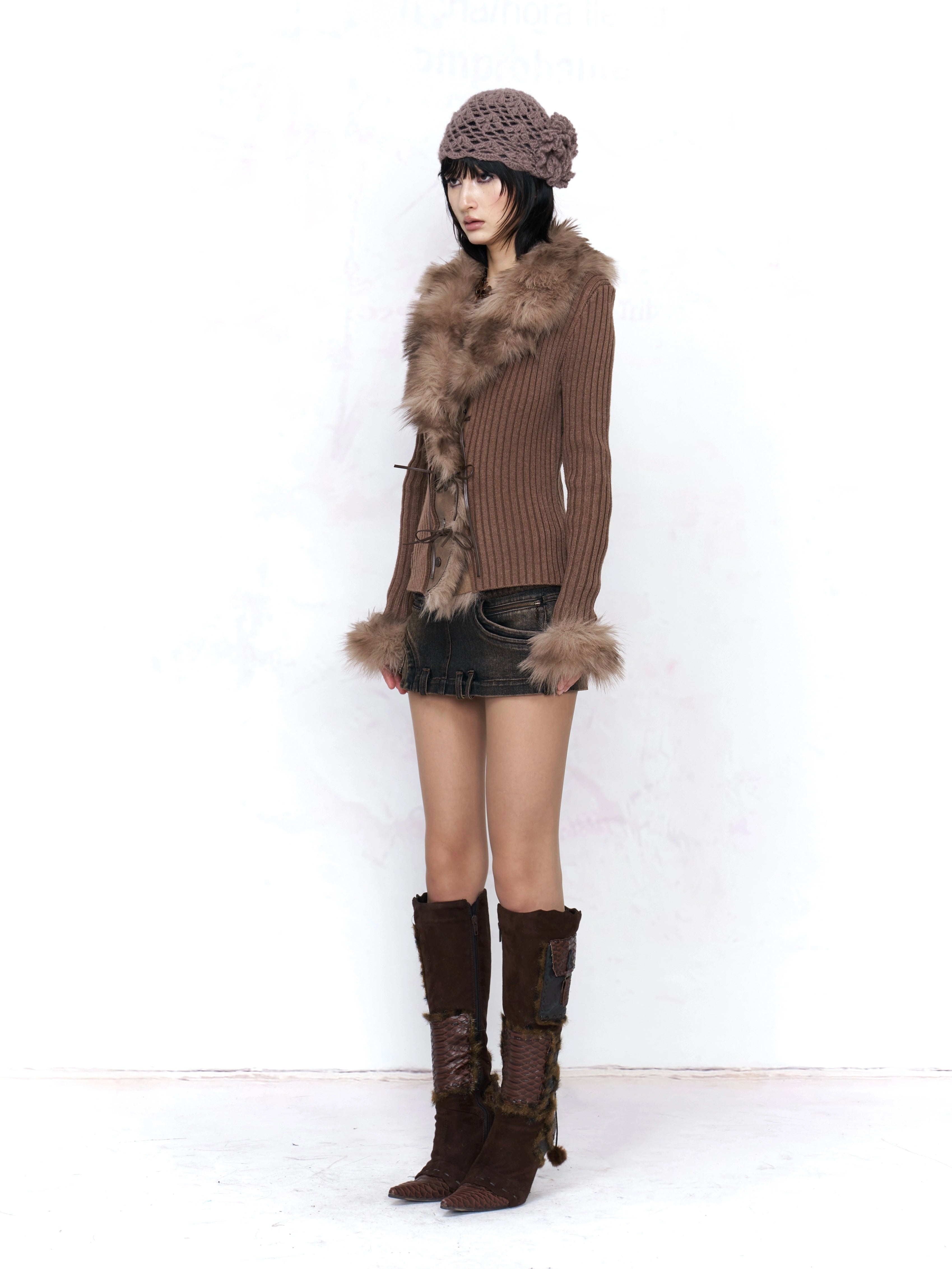 ファー Mocha Frost Faux Fur Trim Cardigan by Flowers Birds Market | Chiclara