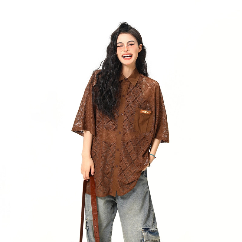 Sheer Geometric Lace Button-Up Shirt