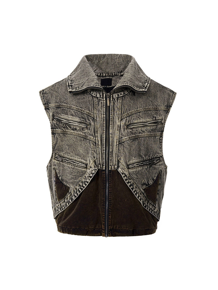 Distressed Zip Front Denim Vest