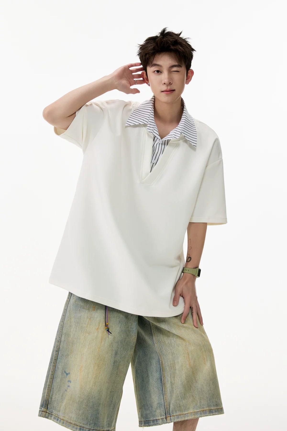 Layered V-Placket Polo Tee