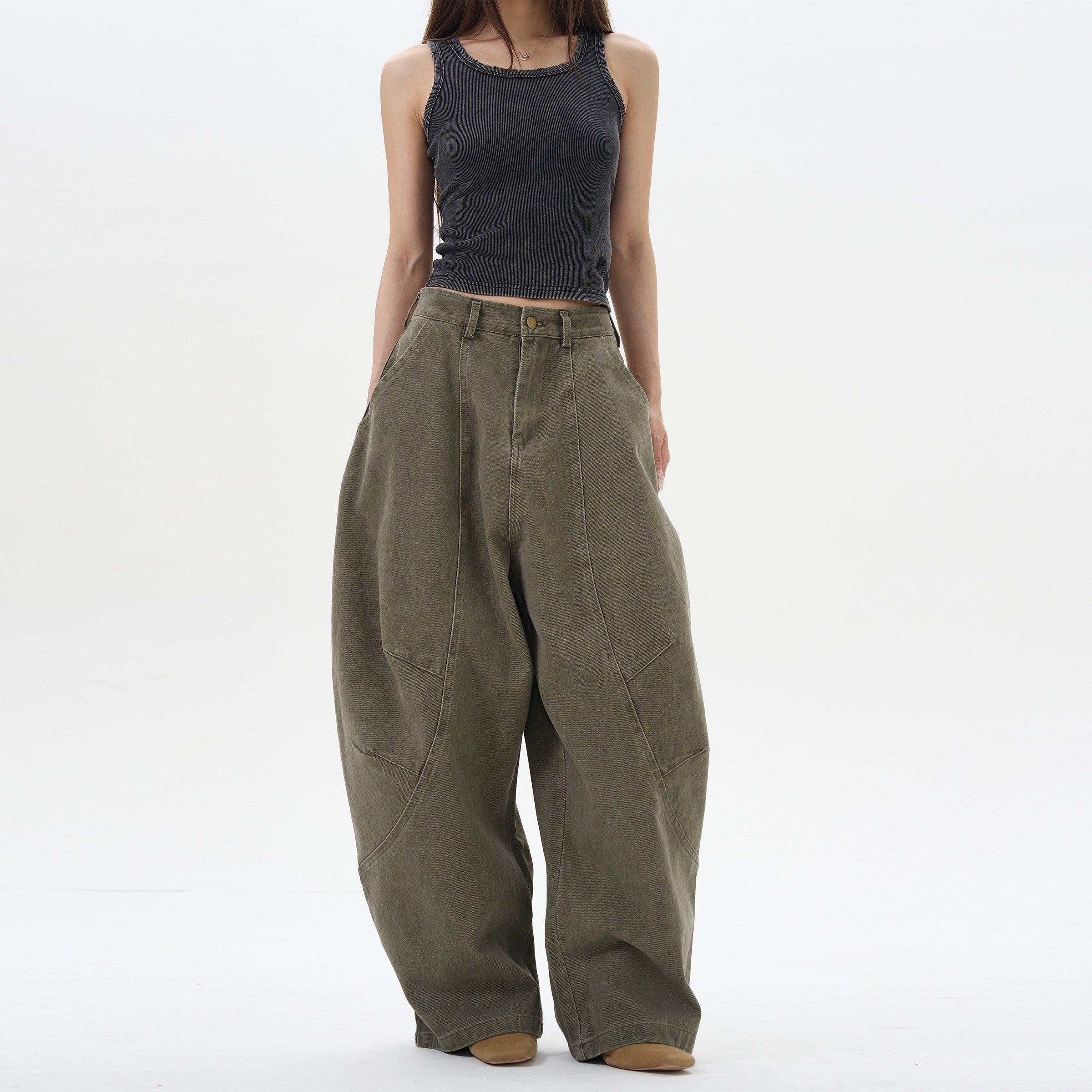 Wide Leg Pleated Dark Denim Pants