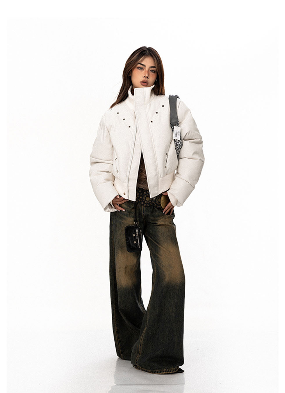 Perforated Eyelet Short Pu Leather Jacket - chiclara