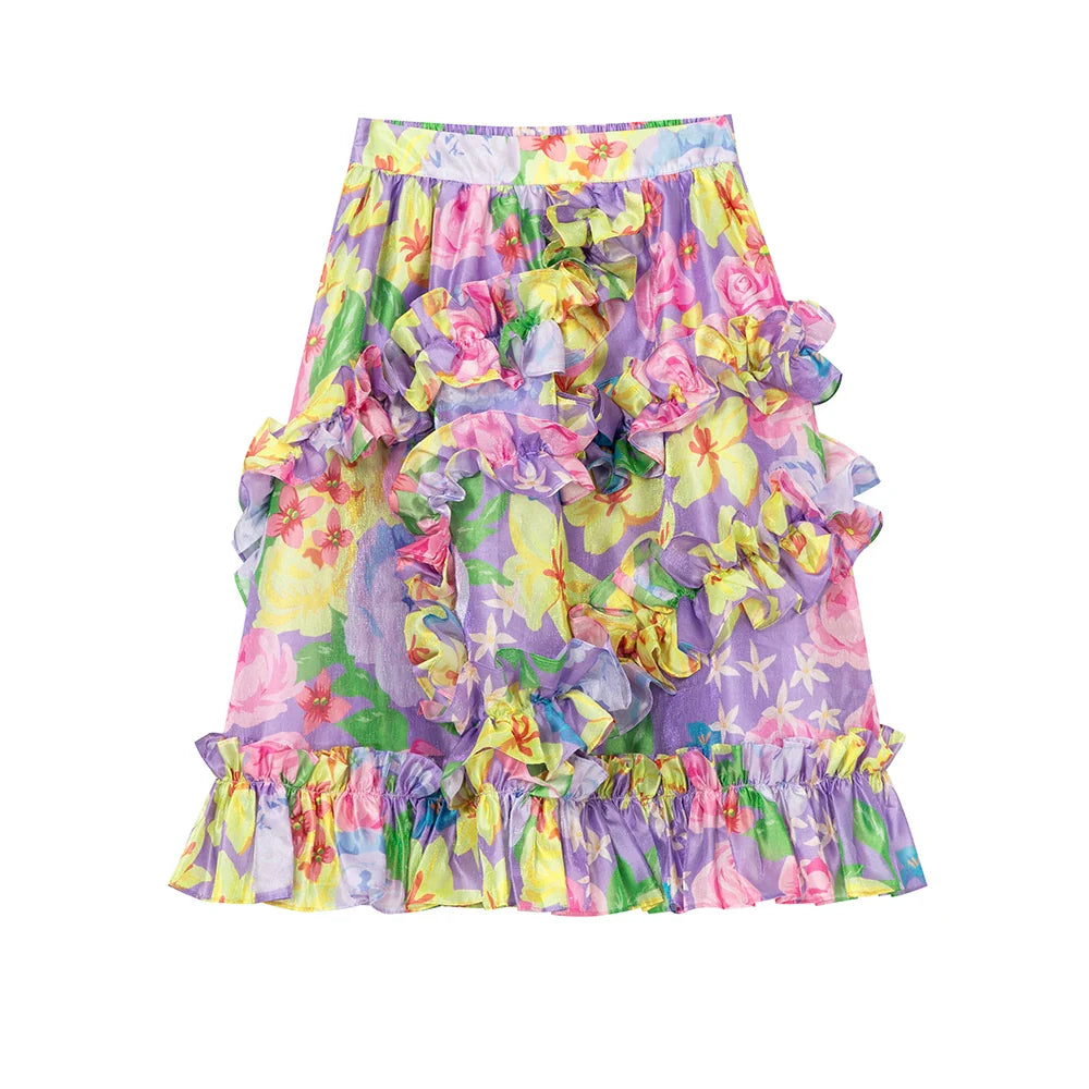 Floral Ruffle Watercolor Midi Skirt
