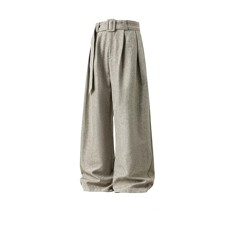 Belted Linen-Texture Curve Trousers