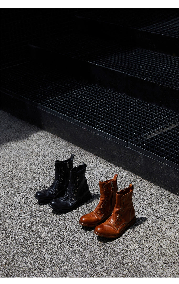 Brown Leather Lace-less Combat Boots