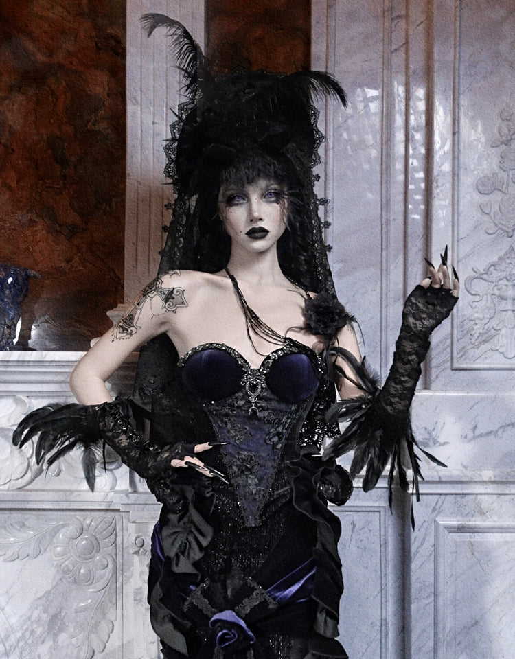 Gothic Midnight Blue Corset with Dramatic Ruffled Hip Details