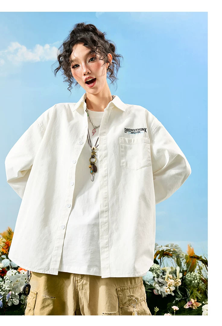 Graphic Embroidered Oversized Button-Up Shirt