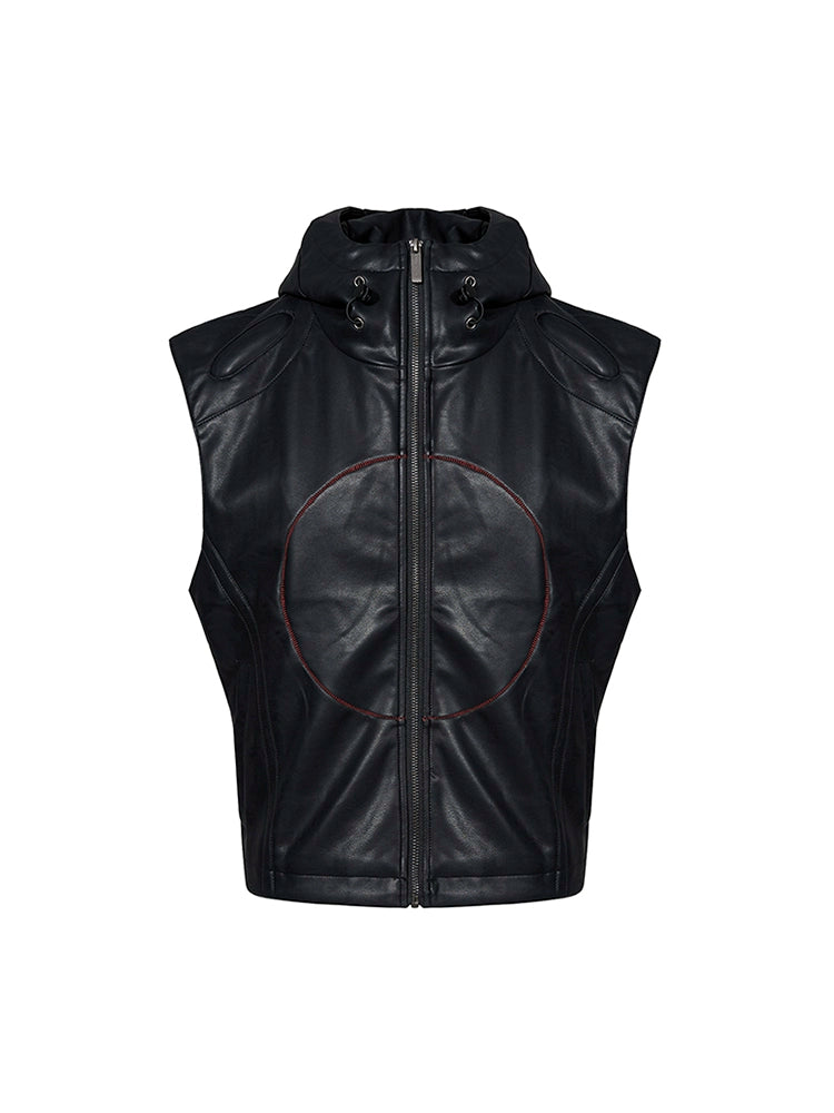 Black Sleeveless Hooded Leather Vest