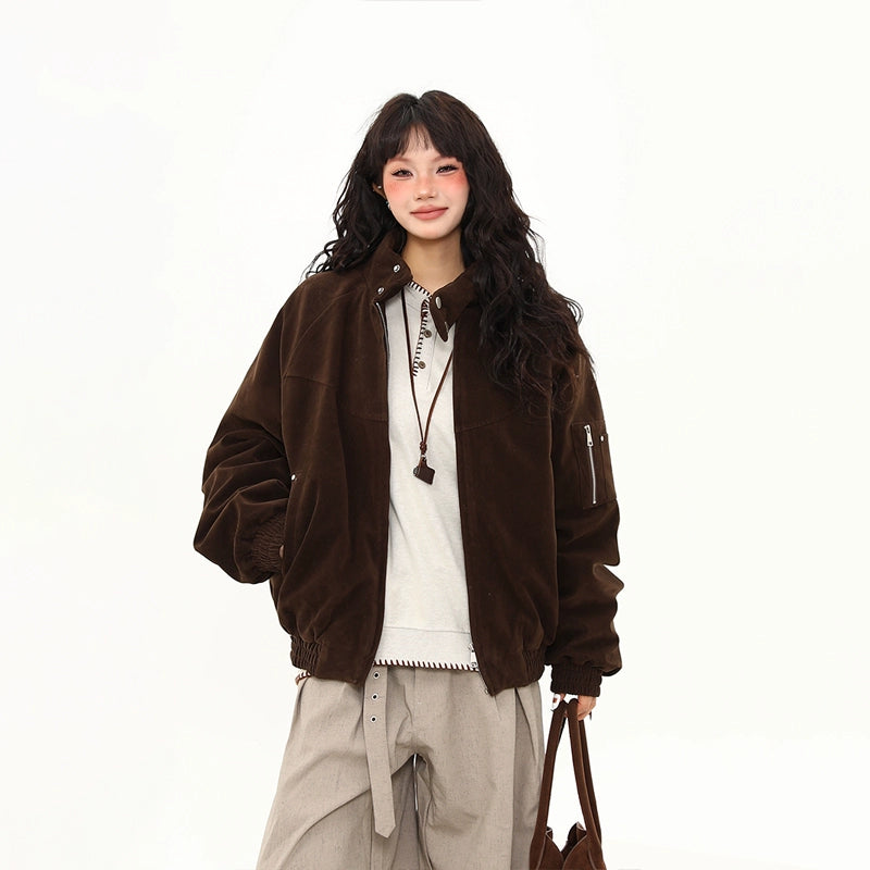 Velvet Stand-Collar Bomber Jacket