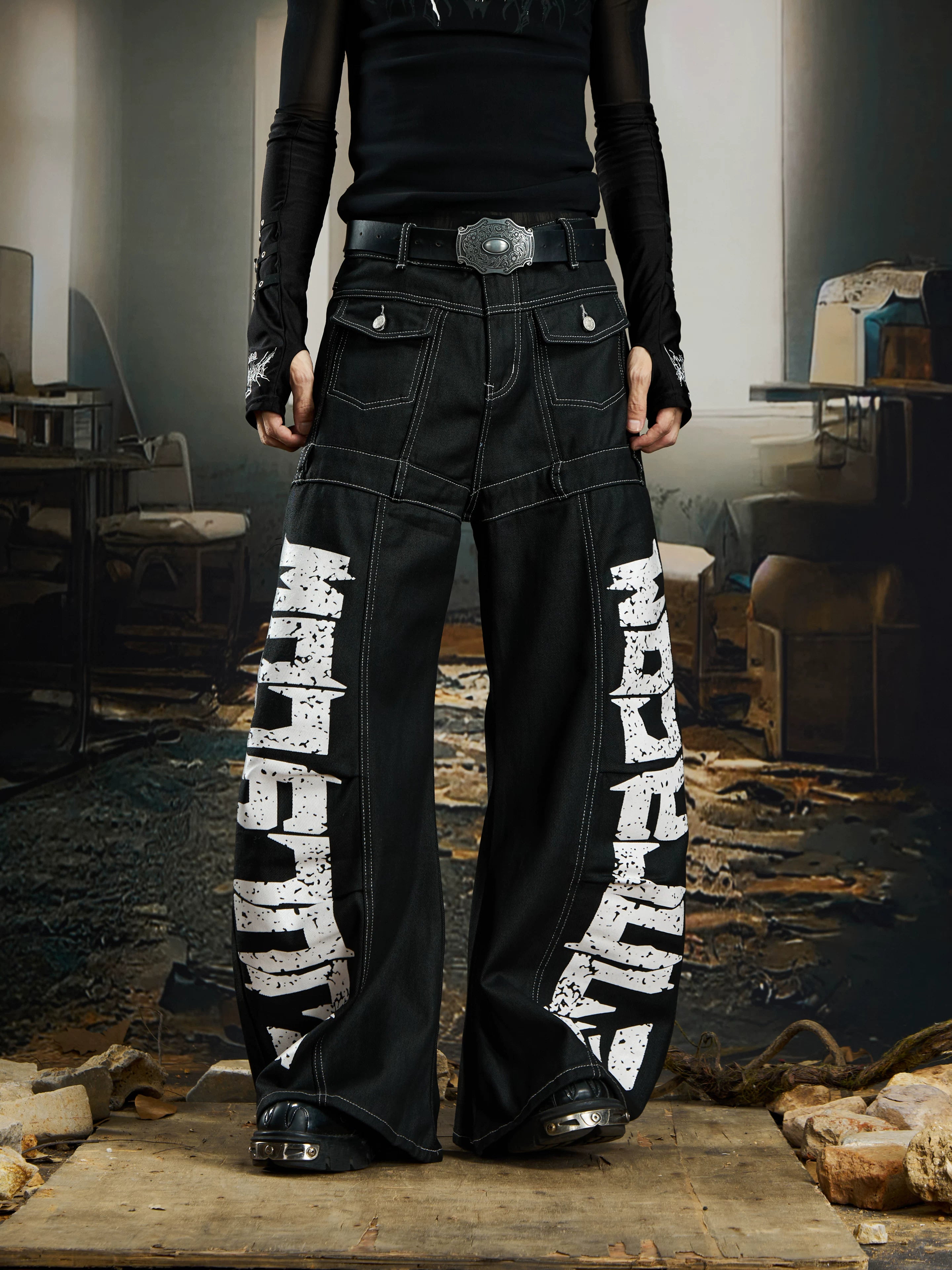 Wreckline Script Wide‑Leg Denim Pants