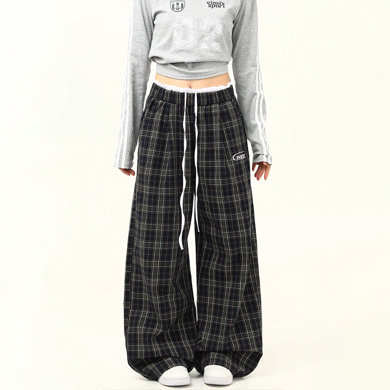 Wide Leg Plaid Drawstring Lounge Pants