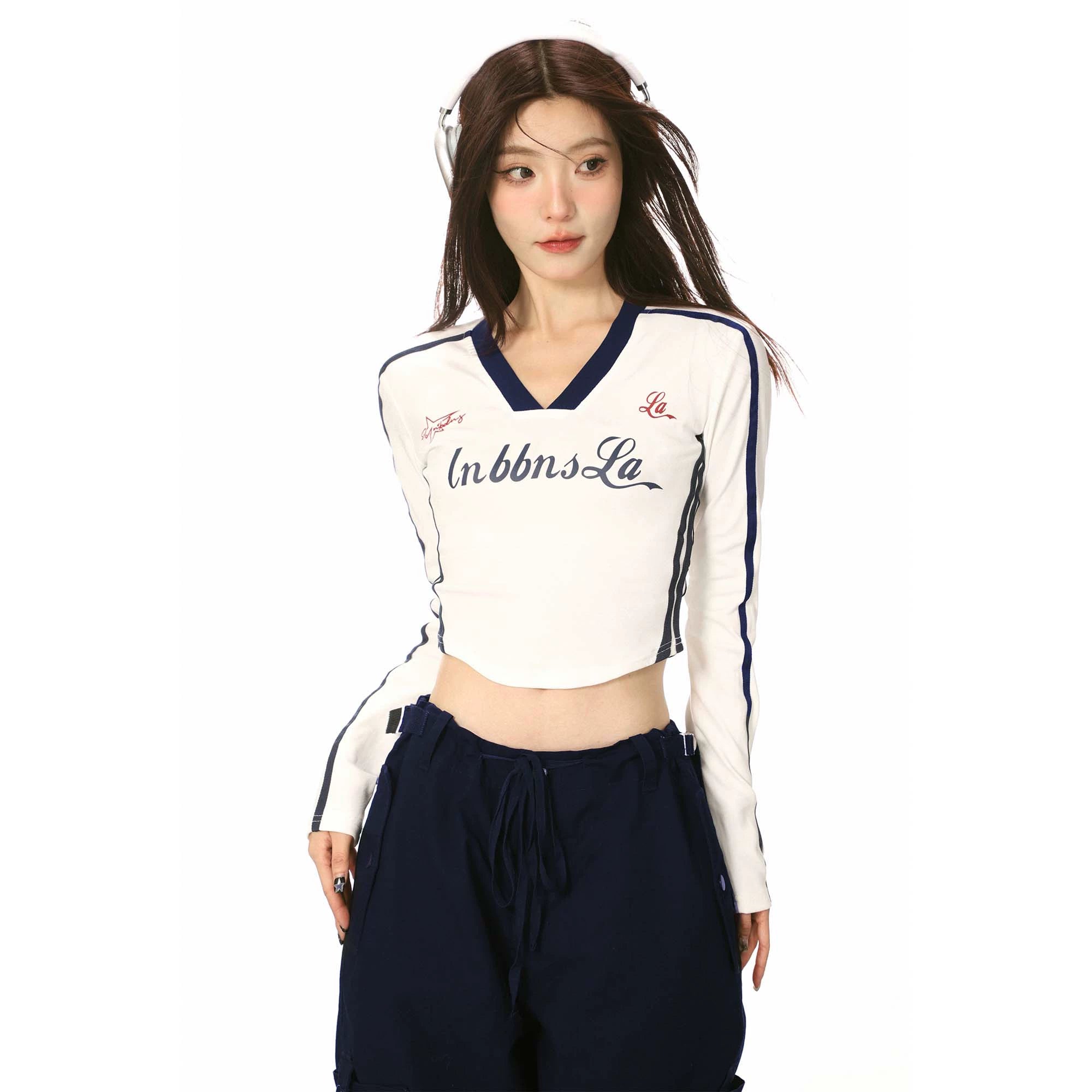V-Ausschnitt Ribbon Farbblock Long Sleeve T-Shirt