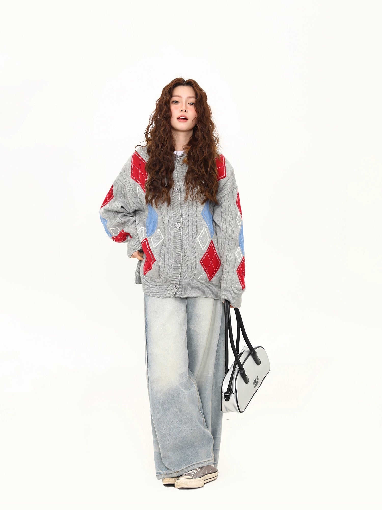 Frosty Argyle Faux-Fur Hood Cardigan