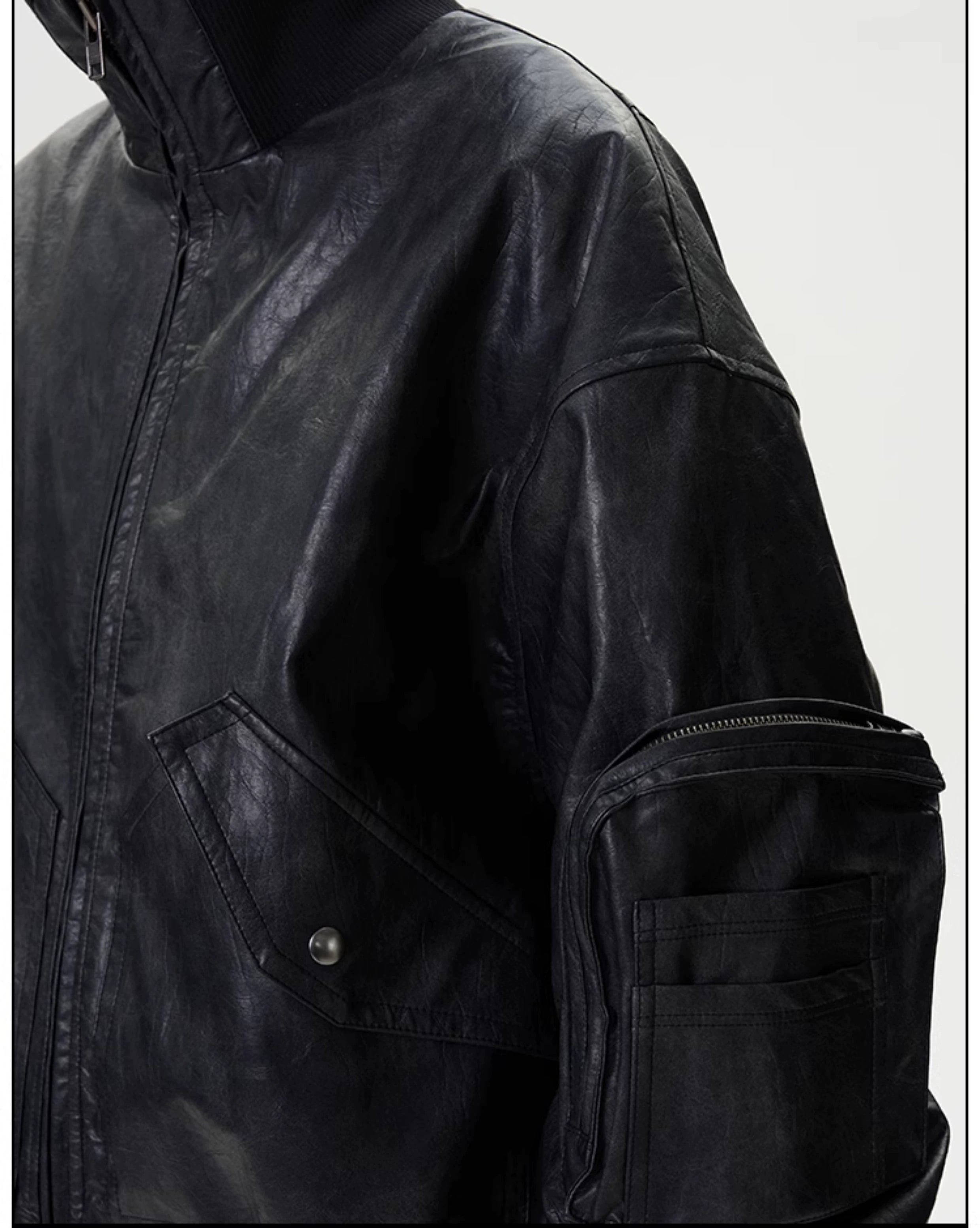 Functional Pocket Faux Leather Bomber Jacket