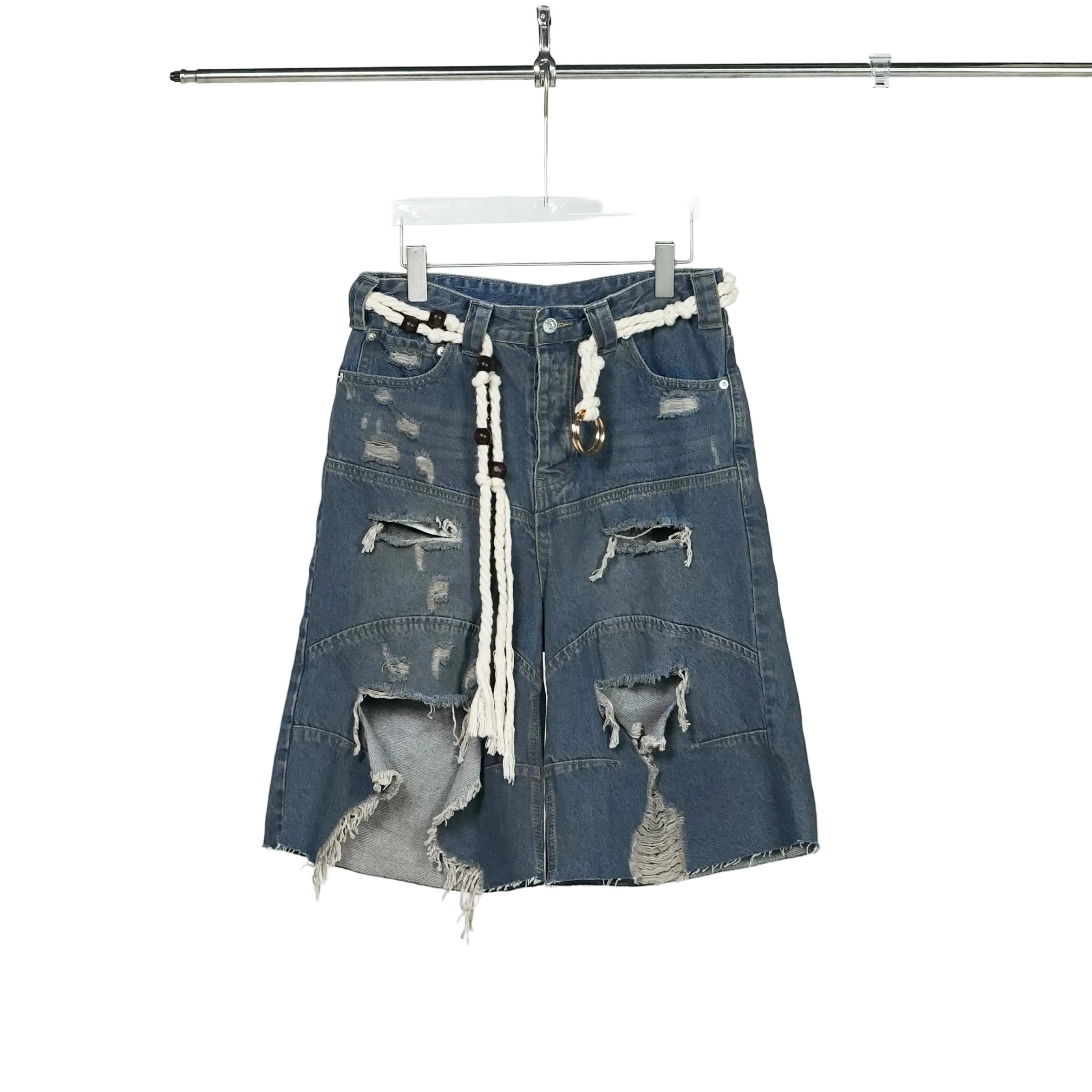 Tidal Ruin Shredded Rope-Belt Denim Shorts