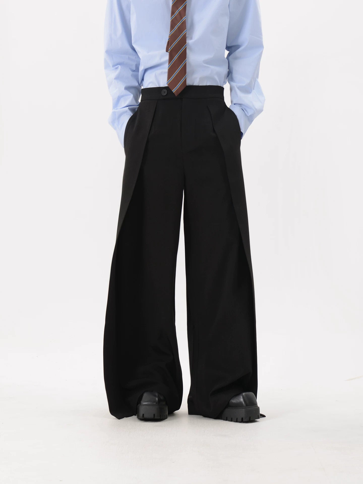 High-Waisted Pleated Ultra-Wide Leg Trousers with Side Slit Panels