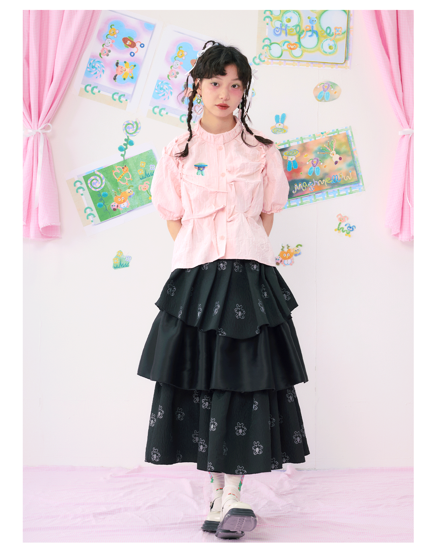Black Tiered Ruffle Midi Skirt