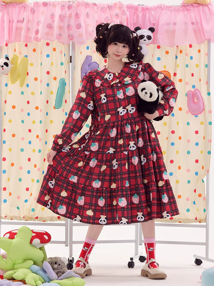 Plaid Panda Print Collared Lolita Dress