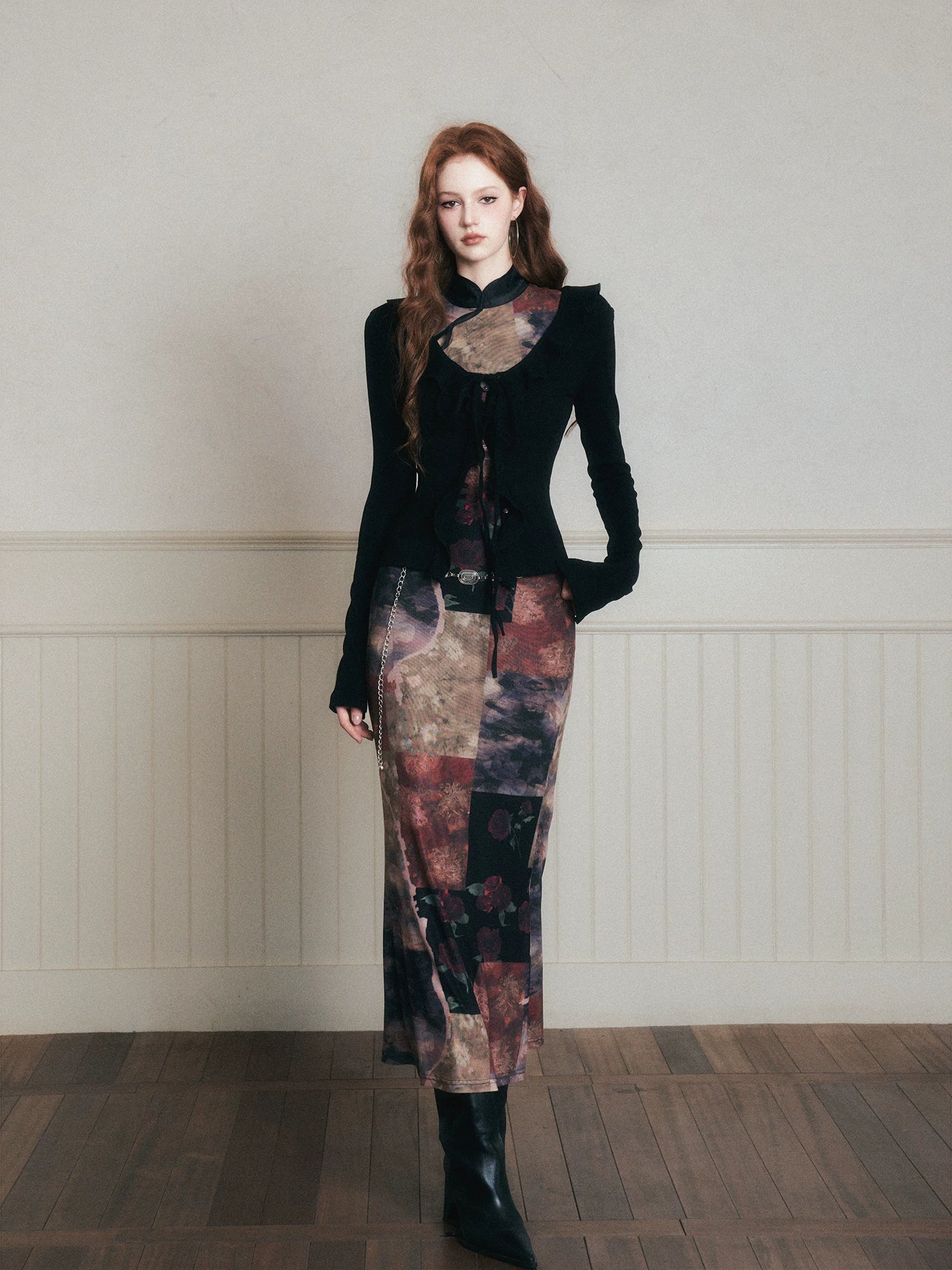 Vintage Noir Patchwork Cheongsam Maxi Dress
