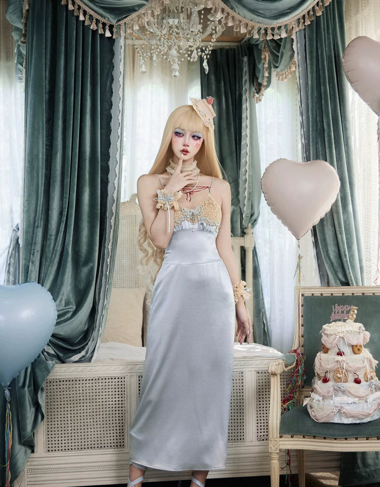 Lace Trim Satin Slip Maxi Dress