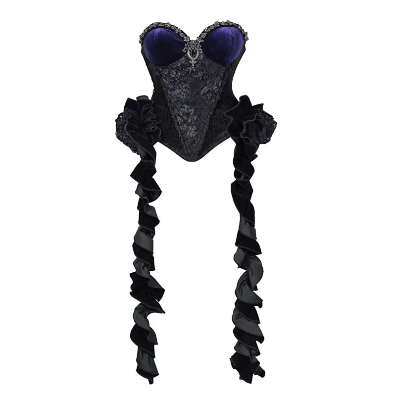 Gothic Midnight Blue Corset with Dramatic Ruffled Hip Details