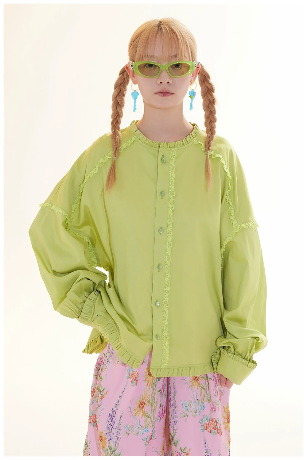 Lime Green Lace Trim Button Down Blouse
