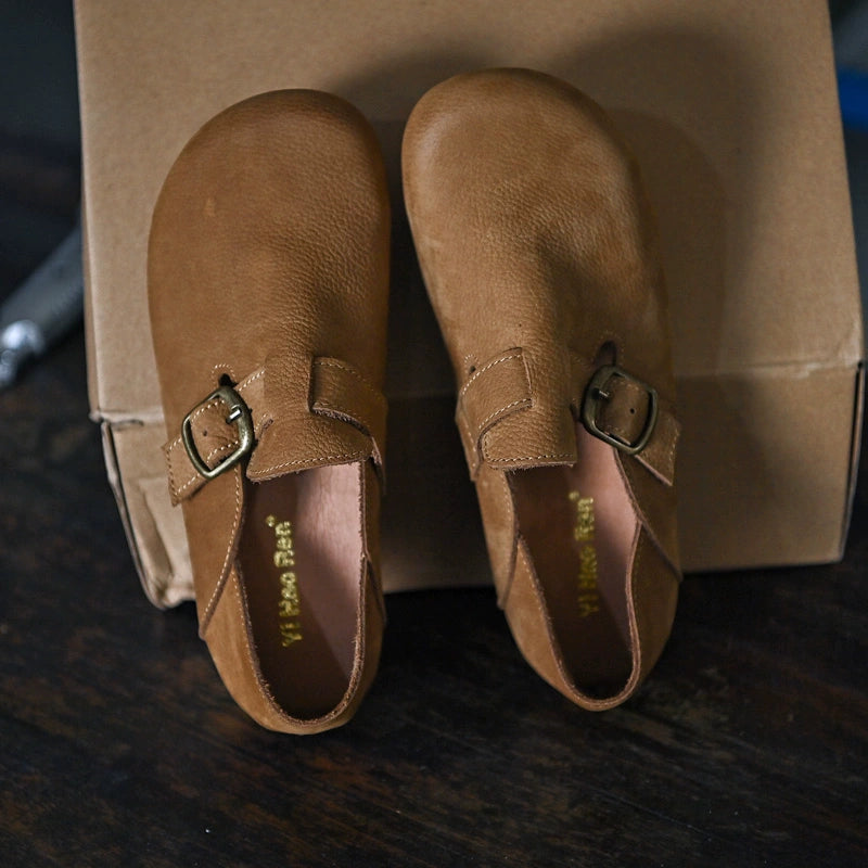 Brown Buckle Leather Slip-Ons