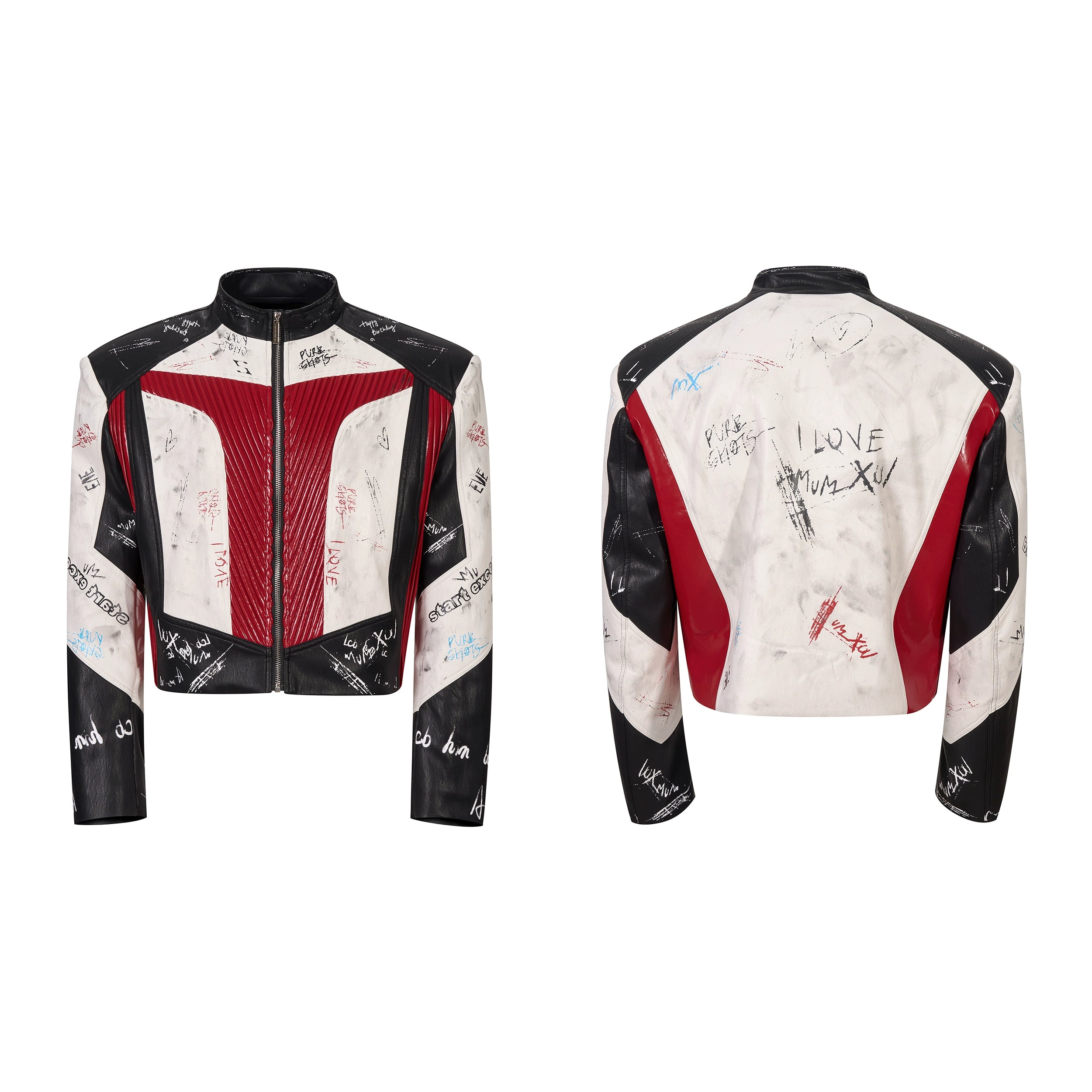 Colorblock Graffiti Print Moto Leather Jacket
