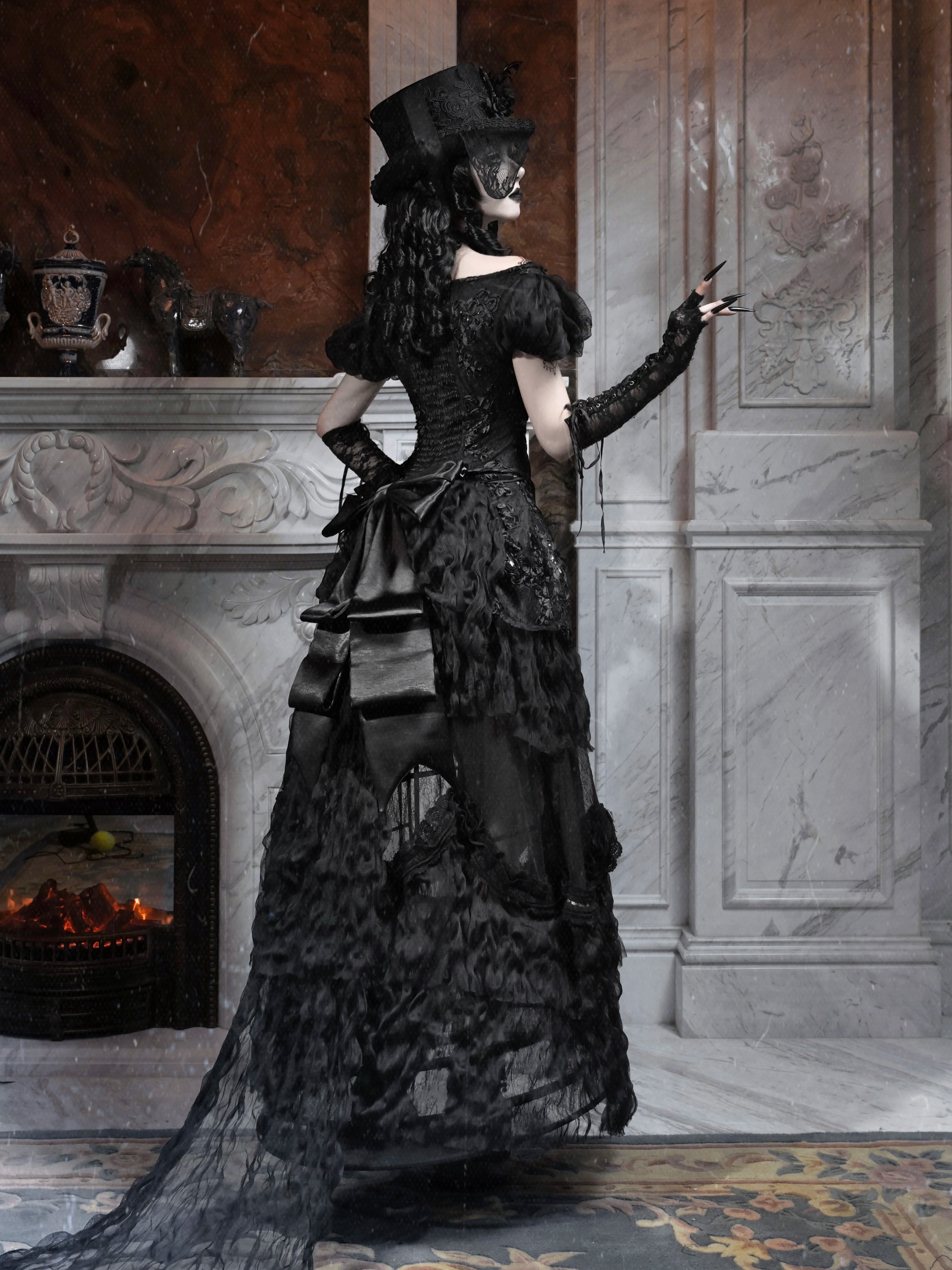 Gothic Black Lace Puff Sleeve Corset Top