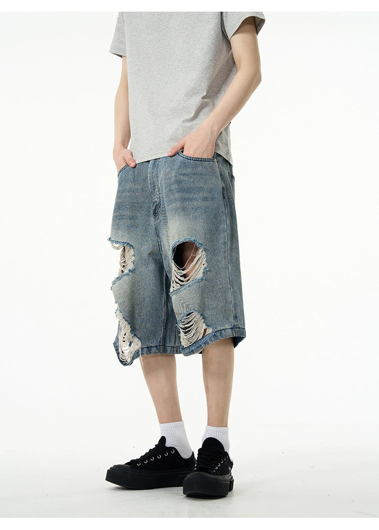 Distressed Ripped Denim Bermuda Shorts
