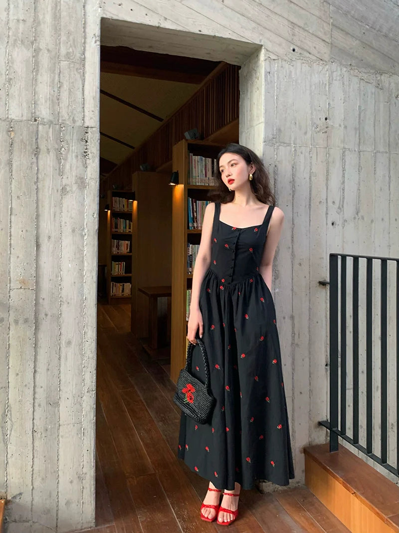 Red Rose Embroidered Maxi Dress