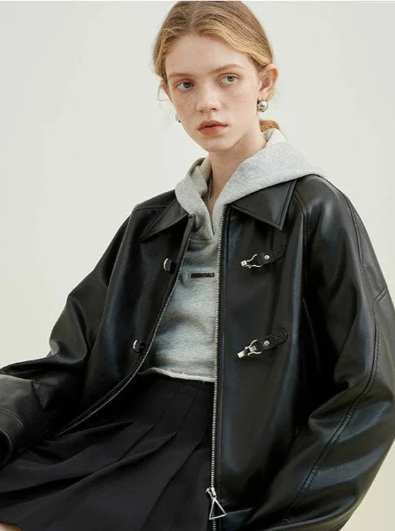 Leder umschaltet Zip Jacke schwarz