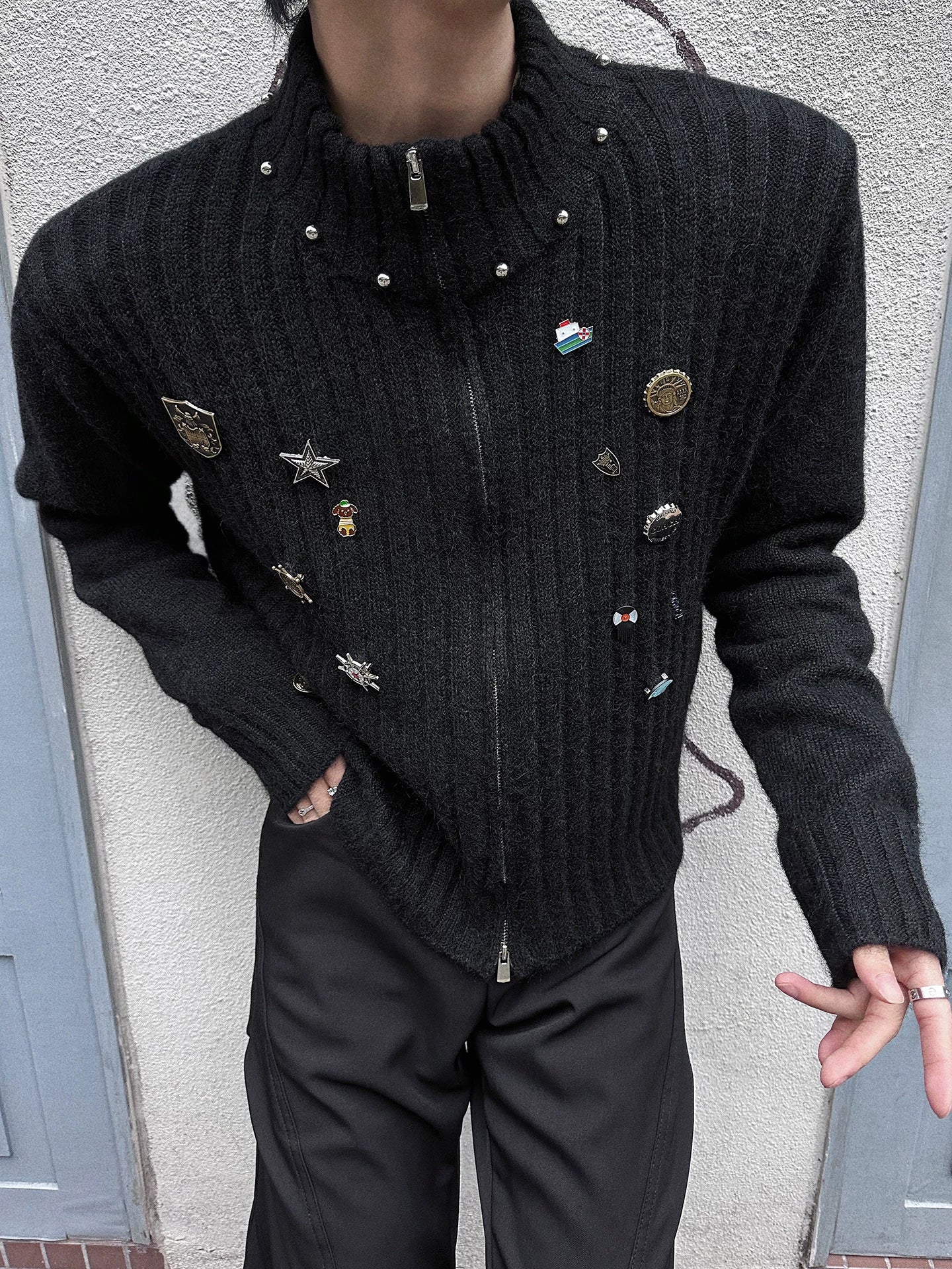 Pinfall Monogram Ribbed Zip Cardigan